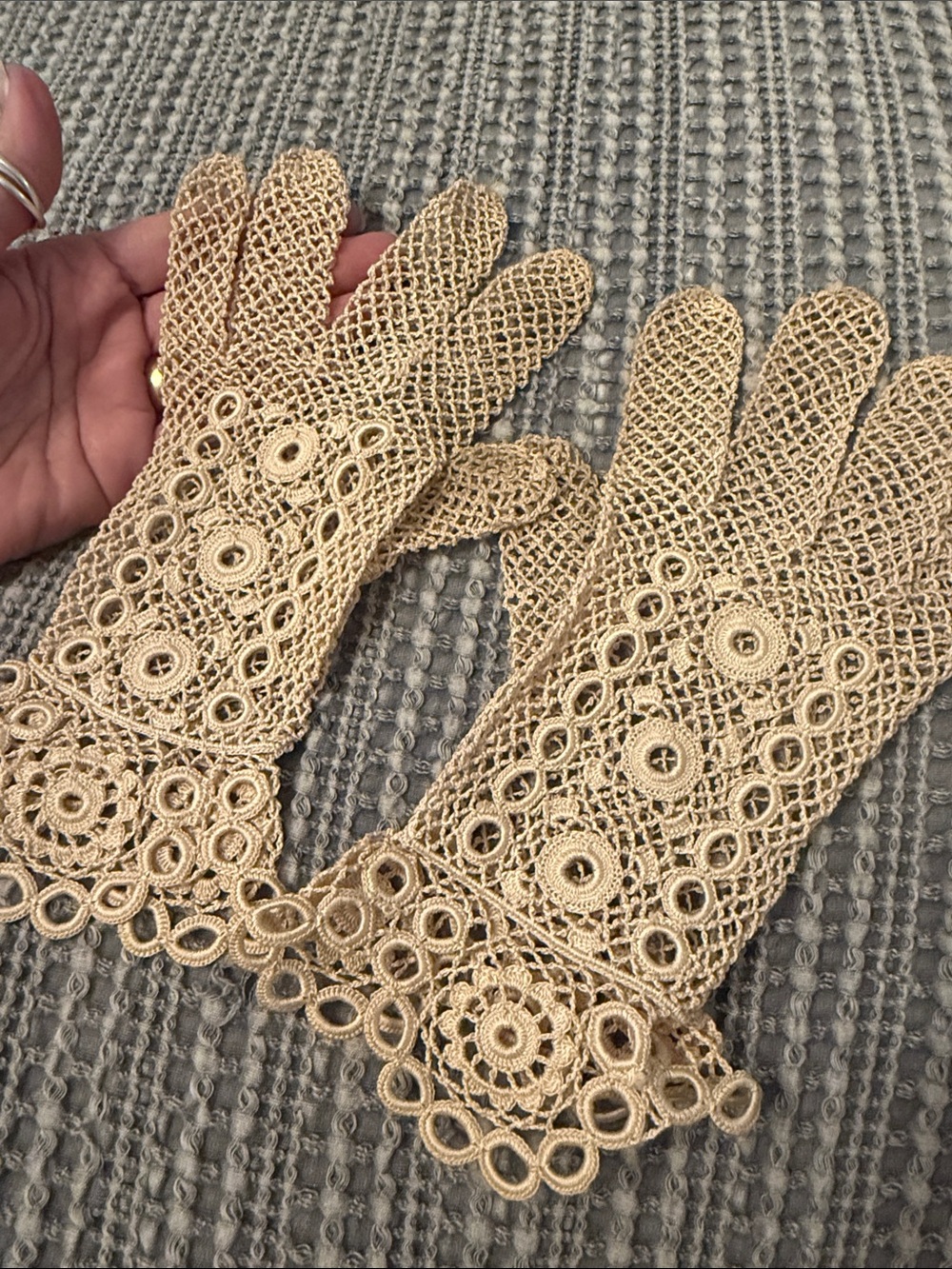 Beige Crochet Lace Gloves - Women's Elegant Accessory